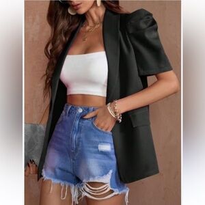 Black Blazer with 3/4 Sleeves and Classic Lapel